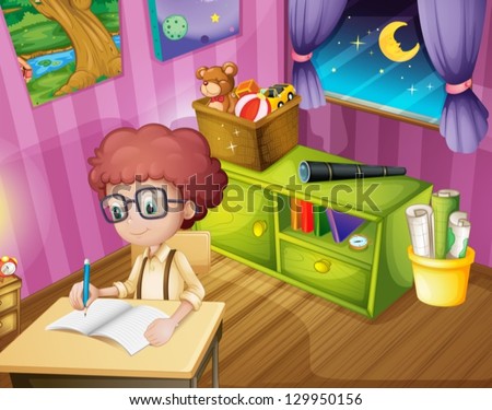 Illustration of a boy writing inside his room