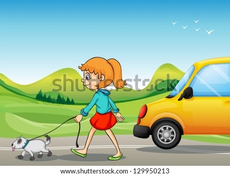 Illustration of a girl with a dog walking along the street