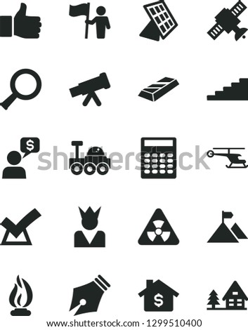 Solid Black Vector Icon Set - telescope vector, nuclear, zoom, satellite, flame, calculator, sun panel, lunar rover, ink pen, finger up, stairway, mountain flag, man hold, gold bar, confirm, king