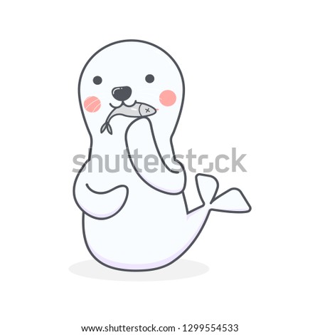 Cartoon cute seal eating fish on white background, Vector Illustration.