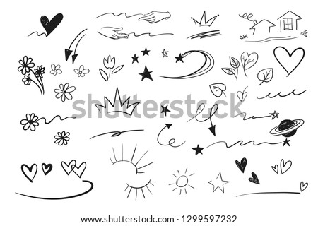 Hand drawn emphasis elements, black on white background. Vector symbols and logo. Arrow, heart, love, hand made, homemade, star, leaf, sun, light, flower, daisy, graffitti crown, king, queen Royalty-Free Stock Photo #1299597232