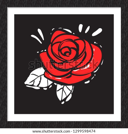 Red rose. Hand drawn vector icon for music band, concert, party. Isolated element on black background in square wood frame.
