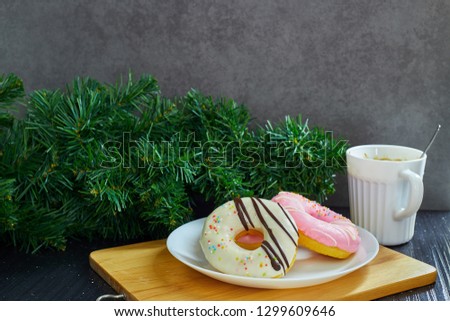 Donut. Sweet food and cup of coffee, tea drink. Breakfast, Tasty espresso black hot morning beverage. food photography concept, Copy space