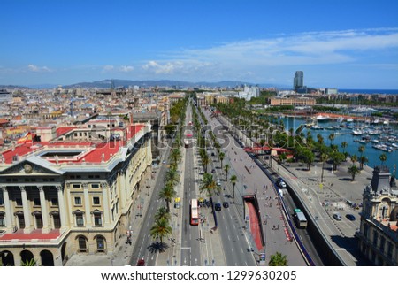 Top view of Barcelona marina and promenade