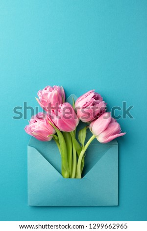 Five pink tulips in turquoise envelope on turquoise background. Spring greeting card. Flat lay, top view.