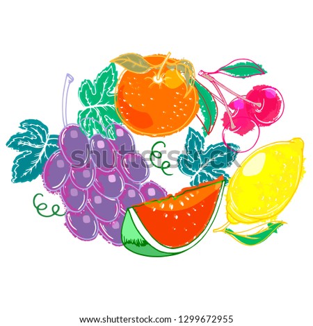 A drawn set of fruits with orange on a white background. Fruit Vitamins for life. Vector illustration