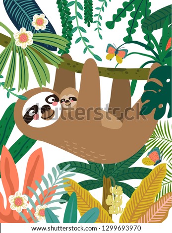 Sloth and baby sloth in jungle pattern. Vector illustration