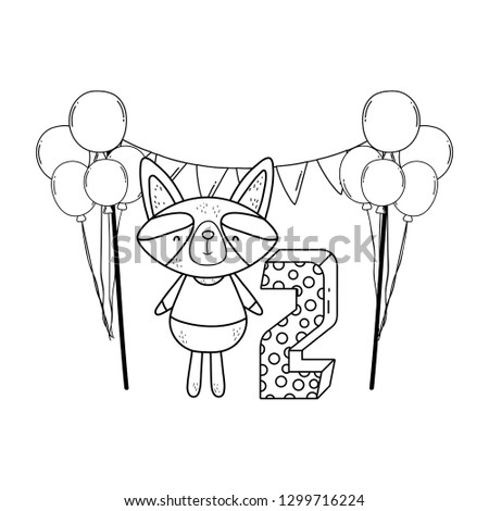 cute and little raccoon with balloons and gifts