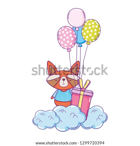 cute and little raccoon with balloons and gifts