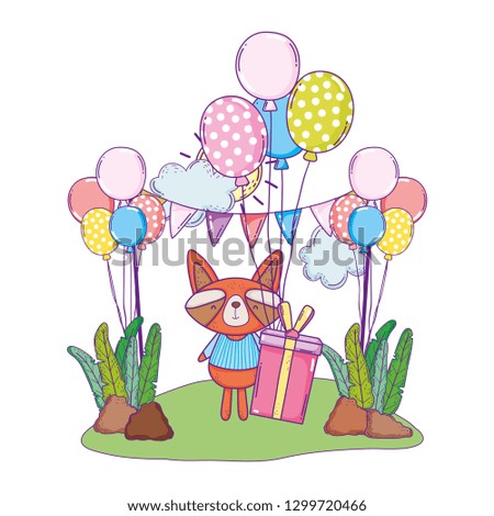 raccoon with balloons and gifts in the camp
