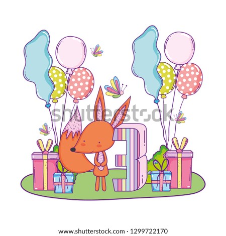 cute and little fox with balloons helium in the landscape