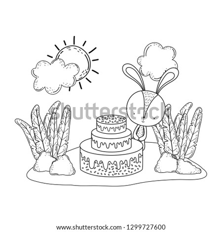 cute little rabbit with sweet cake in the landscape