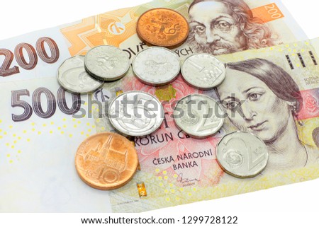 Czech money, banknotes and coins, close-up