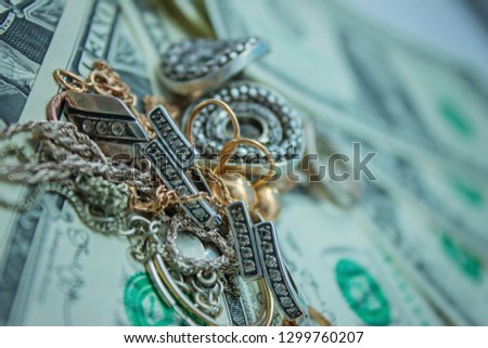 Jewelry and money, banknote dollar. concept of pawnshop.