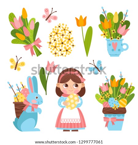 Bright set of Easter illustrations in cartoon style. Cute girl, a bouquet of primroses, Easter eggs, Easter bunny.