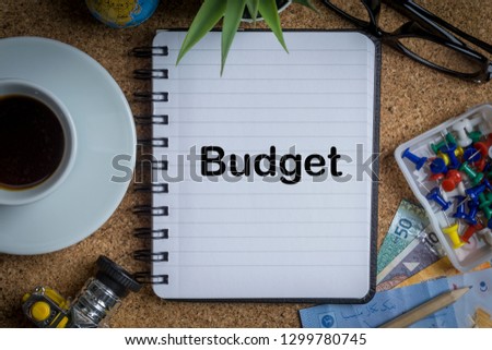 BUDGET inscription written on book with globe,eyeglasses, calculator, camera, pencil and vase on wooden background with selective focus and crop fragment. Business and education concept