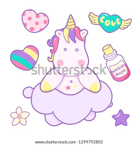 Kawaii cute unicorn head face on the cloud pastel color
