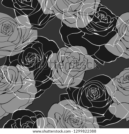 Golden rose flower bouquets contour elements seamless pattern on gray and dark. Happy mother day, womens day, girls birthday, Valentines day. Gift box paper, textile, linen, dress print design