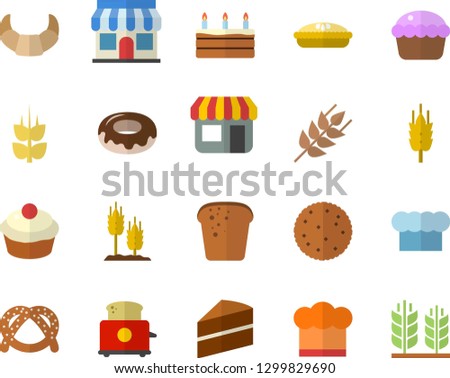 Color flat icon set cake flat vector, cook hat, toaster, ear, biscuit, bagel, croissant, bread, cupcake, donut, pie, store front