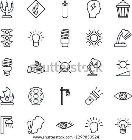 Thin Line Icon Set - sun vector, brainstorm, fire, garden light, eye, traffic, torch, brightness, desk lamp, candle, smoke detector, energy saving bulb, outdoor, alarm led, palm sproute, idea