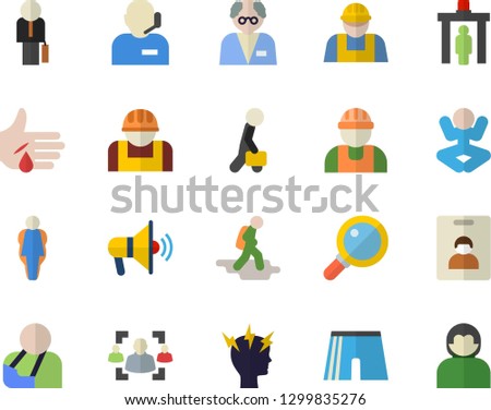 Color flat icon set builder flat vector, construction worker, injury, headache, recruitment, phone operator, businessman, scientist, athletic shorts, yoga, size, indentity card fector, hike, user