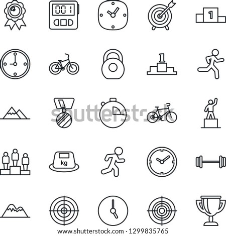 Thin Line Icon Set - pedestal vector, medal, barbell, bike, run, heavy, clock, stopwatch, target, mountains, award cup
