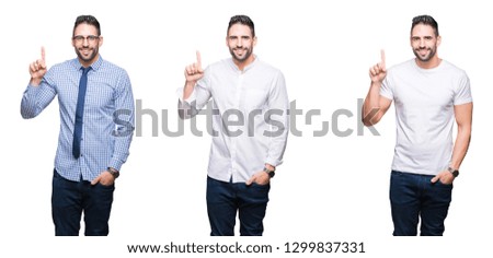 Collage of handsome business man over white isolated background showing and pointing up with finger number one while smiling confident and happy.