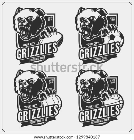 Volleyball, basketball, soccer and football logos and labels. Sport club emblems with grizzly bear. Print design for t-shirts.