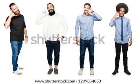 Collage of group of young men over white isolated background smiling doing phone gesture with hand and fingers like talking on the telephone. Communicating concepts.
