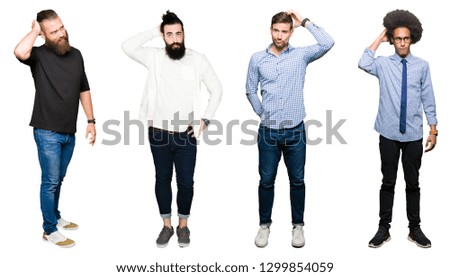 Collage of group of young men over white isolated background confuse and wonder about question. Uncertain with doubt, thinking with hand on head. Pensive concept.