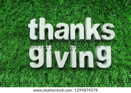 Thanksgiving made from concrete alphabet top view on green grass