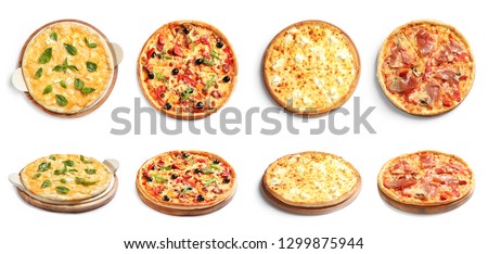 Set of different hot pizzas with delicious melted cheese on white background