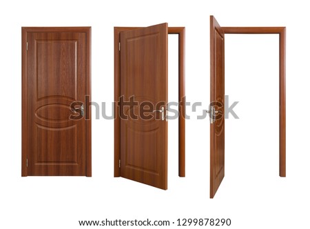 Set of closed and opened brown doors isolated on white Royalty-Free Stock Photo #1299878290