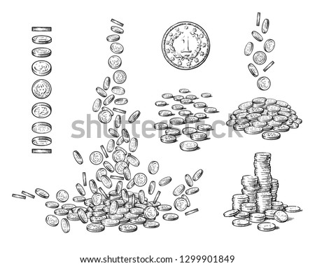 Sketch set of coins in different positions. One old coin, falling dollars, pile of cash, stack of money.  Black and white hand drawn vector illustration isolated on white background.