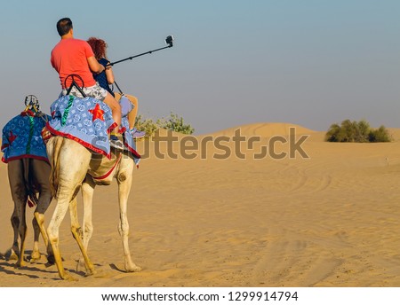 Tourist attractions sand desert safari camels using a selfie stick shot mobile phone, Tourists are taken on camel rides traditional Bedouin saddle.