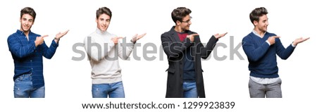 Collage of young handsome business man over isolated background amazed and smiling to the camera while presenting with hand and pointing with finger.