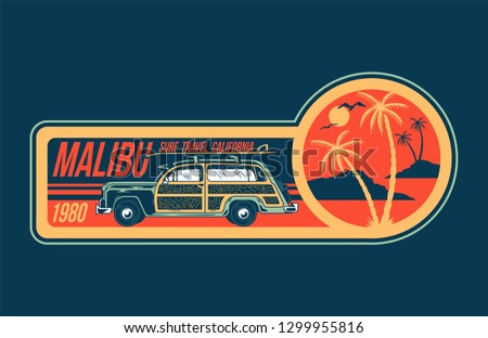 Old vintage car for summer surfing traveling and living on the paradise California beaches with sun sea surf. Camping truck print illustration design for clothes t shirt sticker patch poster banner. 