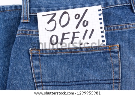 thirty percent off in jeans pocket