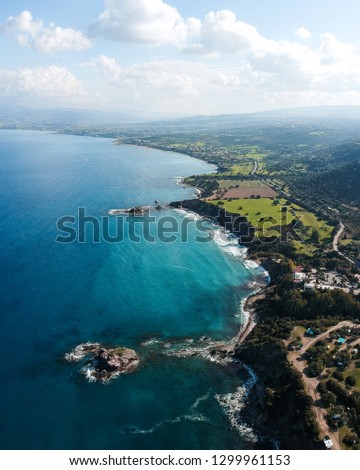 Aerial view from drone of blue water and other bays at Akamas peninsula on Paphos, Cyprus.