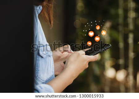closeup of beautiful Asia woman,girl using smartphone working with relax fun and happy on holiday.