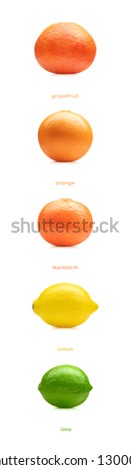 Lemon, lime, orange, mandarin, grapefruit fruits set isolated on white background