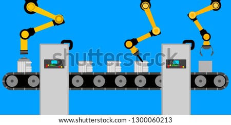 Industrail robot arm repair a batteries. Vector illustration design