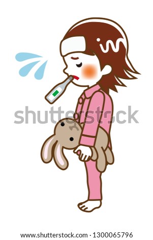 Standing Little girl who put clinical Thermometer into mouth - line art