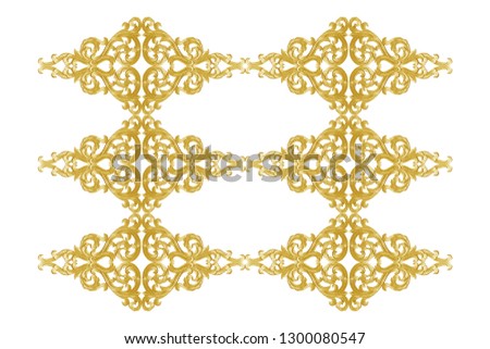 Pattern of gold flower carved on wood for decoration isolated on white background, Wood pattern carving isolated on white background