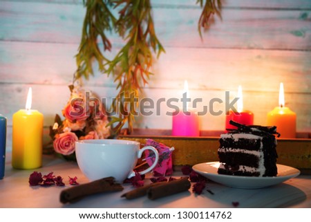 valentine cake and coffee in romantic candle lights