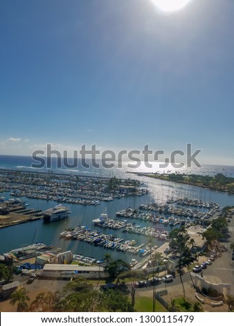 View of landscape,Sunny day with view of boats parking at Ala Moana beach, Hawaii. Soft focus image. 