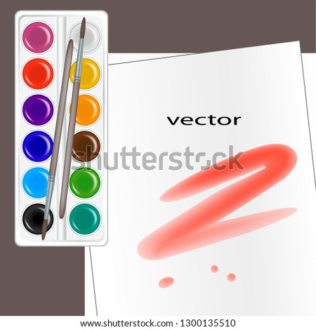 Vector illustration template insert text watercolor paint set for drawing watercolor landscapes sheet and brush red color blurred with drops, artist in the workplace