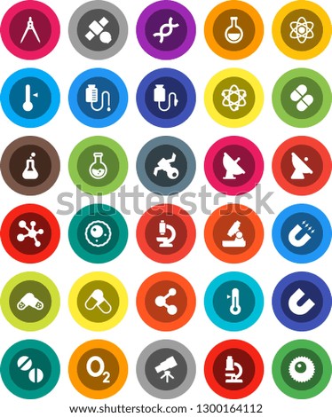 White Solid Icon Set- thermometer vector, drawing compass, atom, telescope, microscope, magnet, flask, pills, molecule, oxygen, satellite, antenna, dna, drop counter, ovule