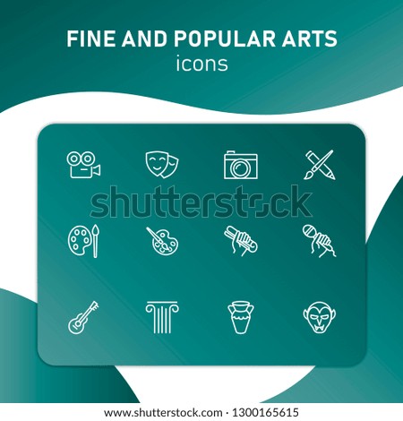Fine and popular arts icon. Set of line icons on white background. Theater, painting, music, cinema, photography. Hobby concept. Vector illustration can be used for topics like leisure, entertainment