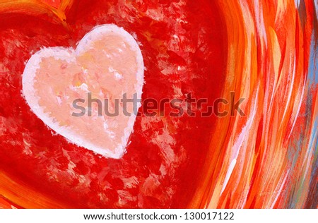 Painting of big heart in red and white as a shining sun